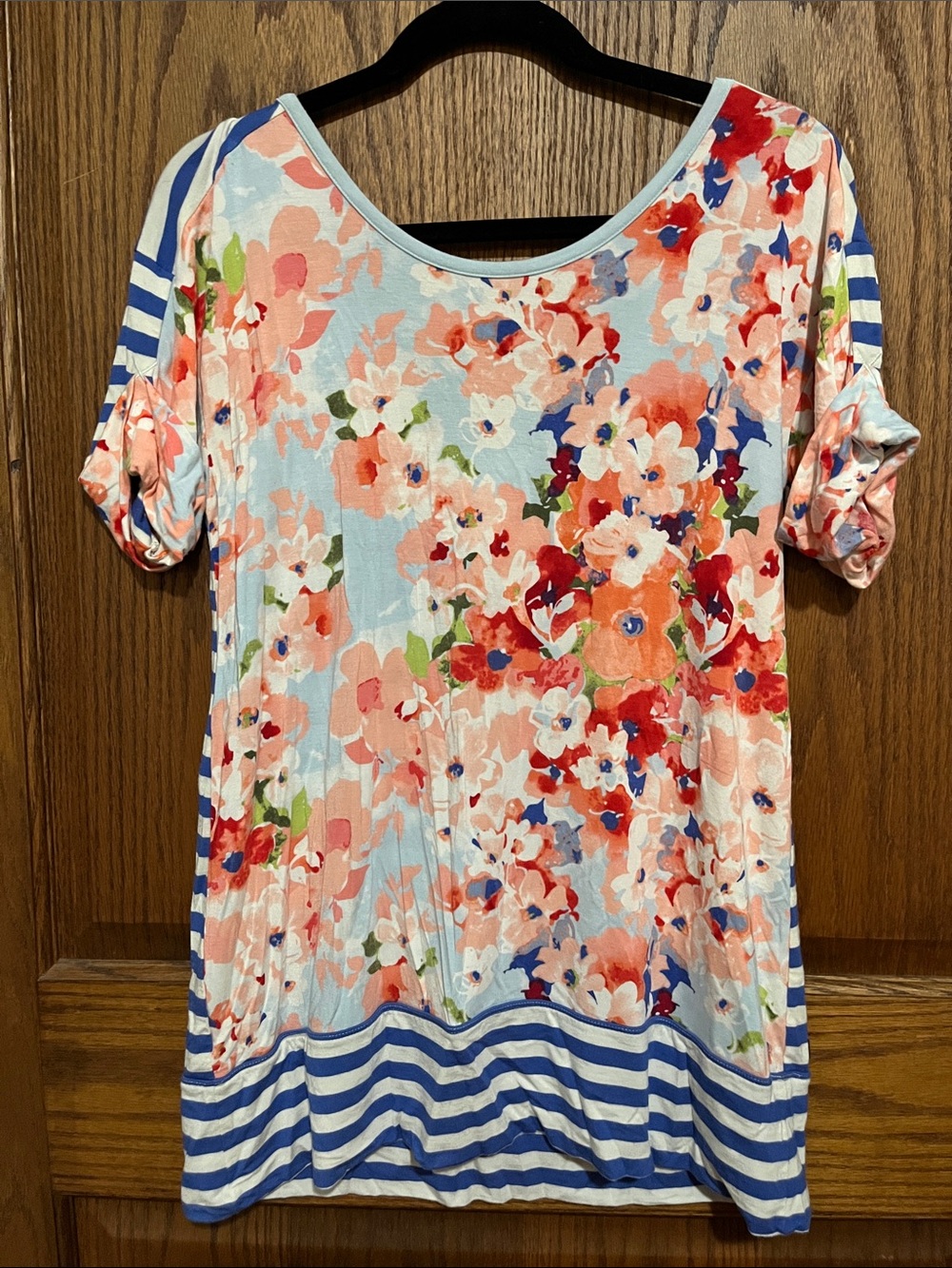 Matilda Jane Coral, Blue & White Floral Stripe Short Sleeve Tunic